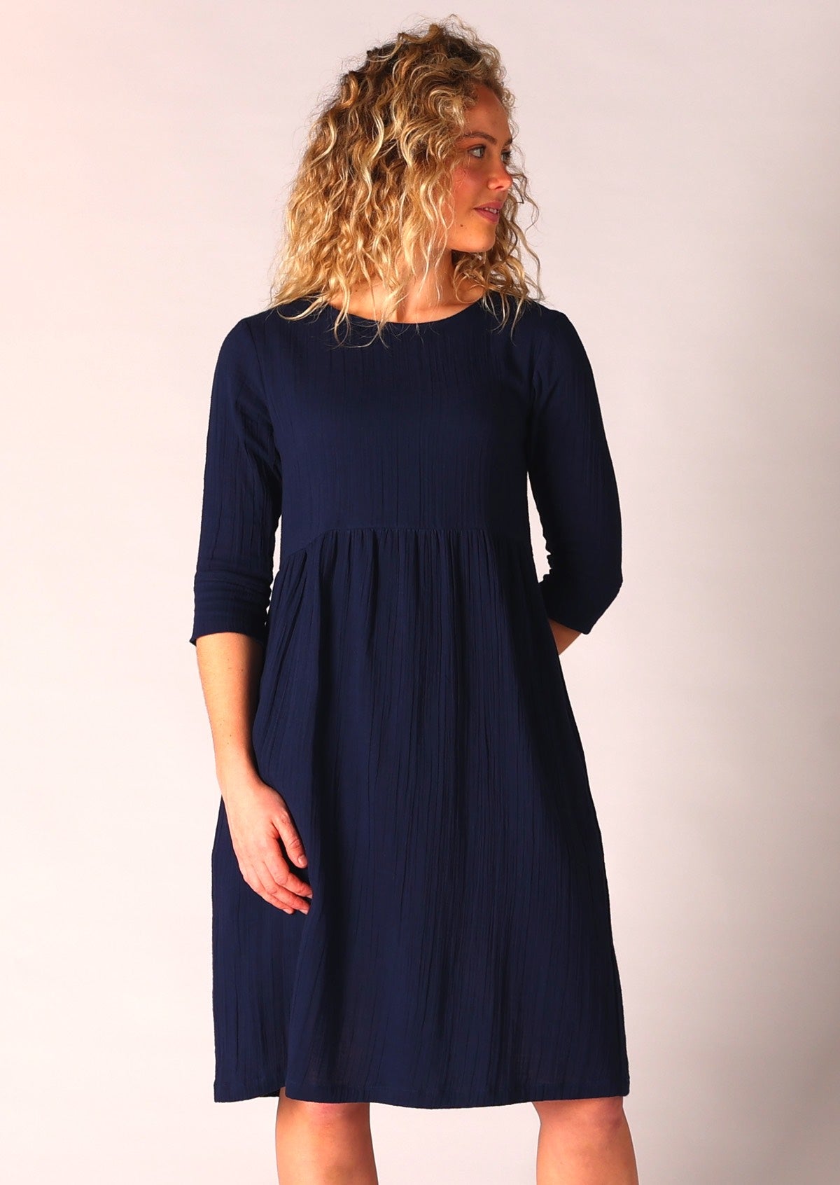 Over knee relaxed fit cotton gauze dress with round neckline and pockets