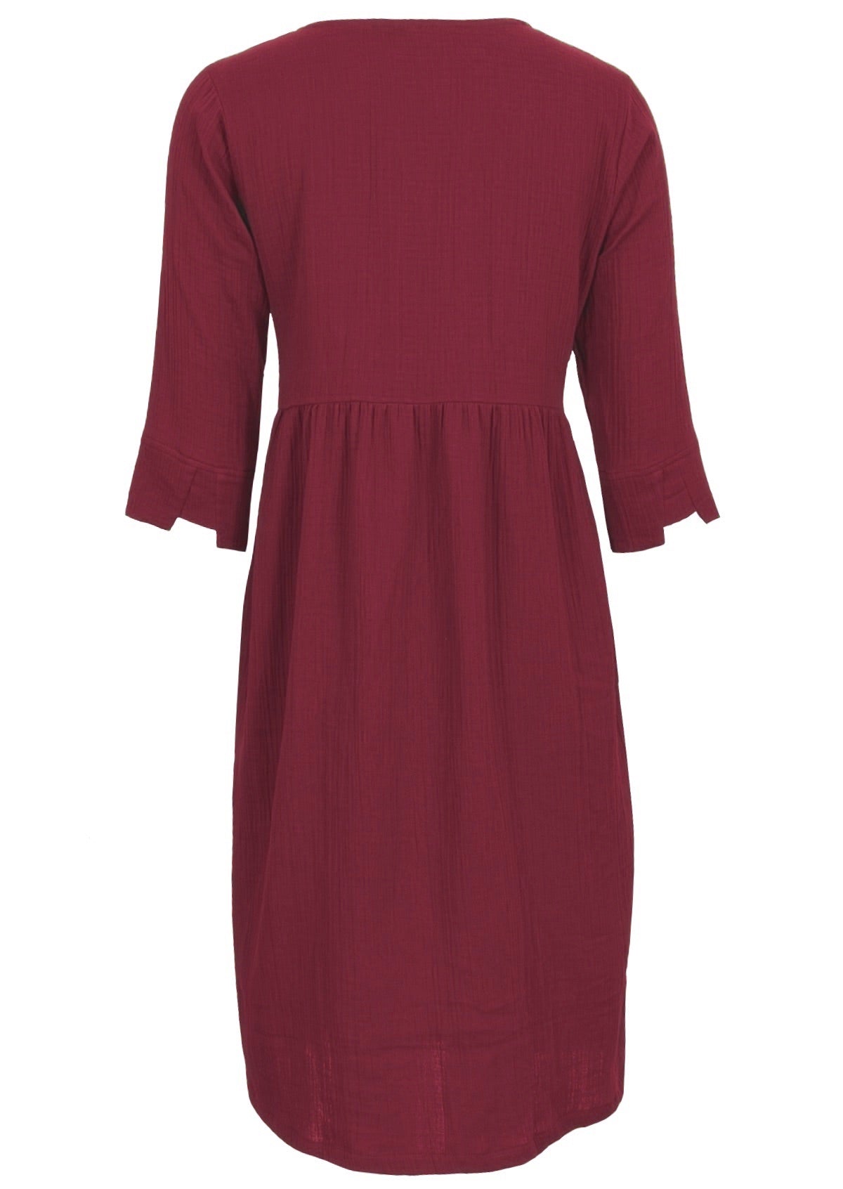 3/4 sleeves with cuff detail complete this comfortable and stylish cotton gauze dress
