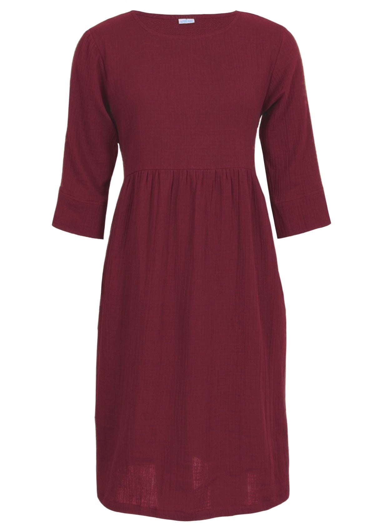 Deep red double cotton relaxed fit dress with 3/4 sleeves