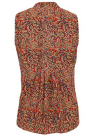 This back view of a red sleeveless blouse features a small pleats in the centre of the back