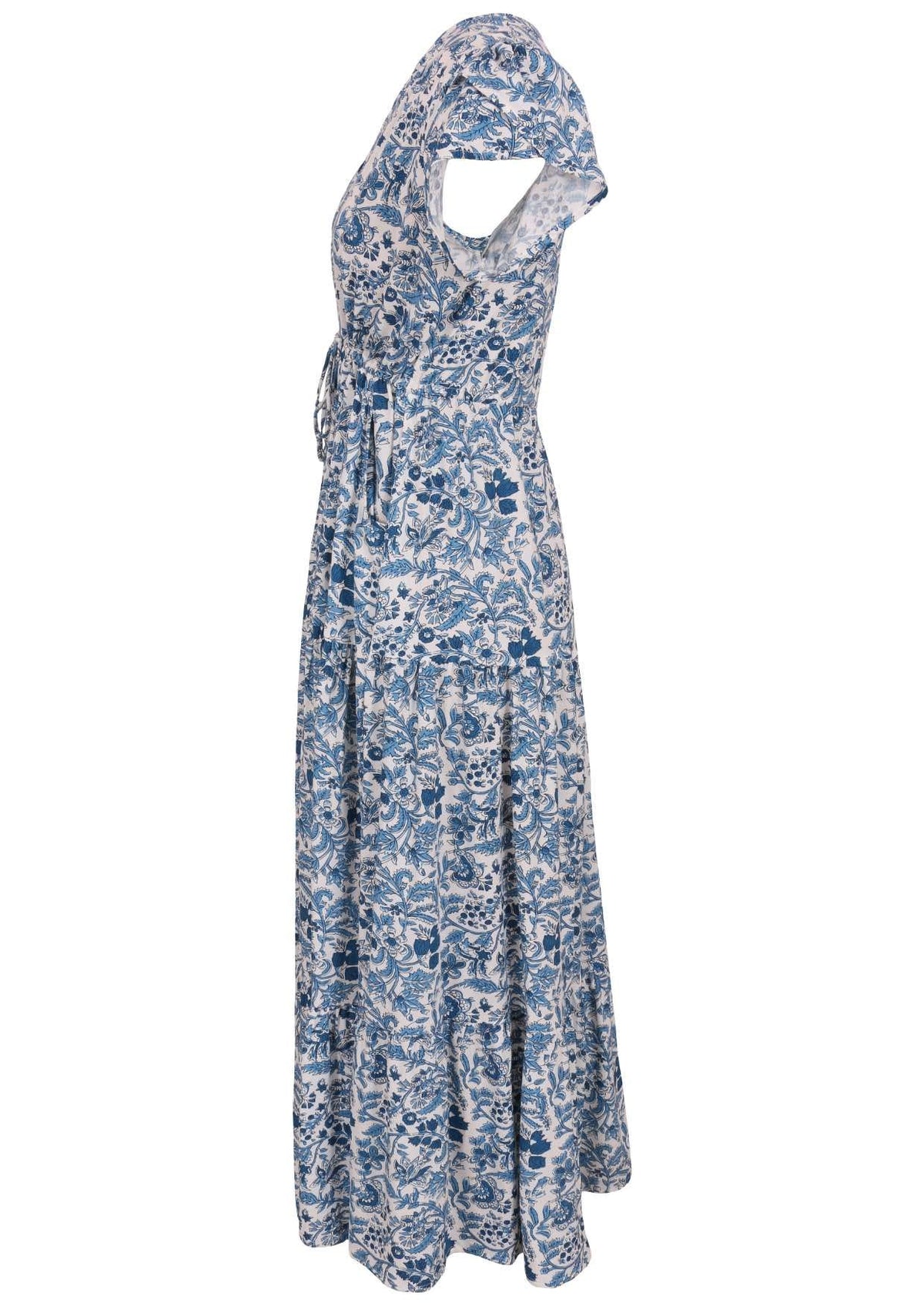 Blue and white floral print maxi dress with V-neck and short sleeves,  side view