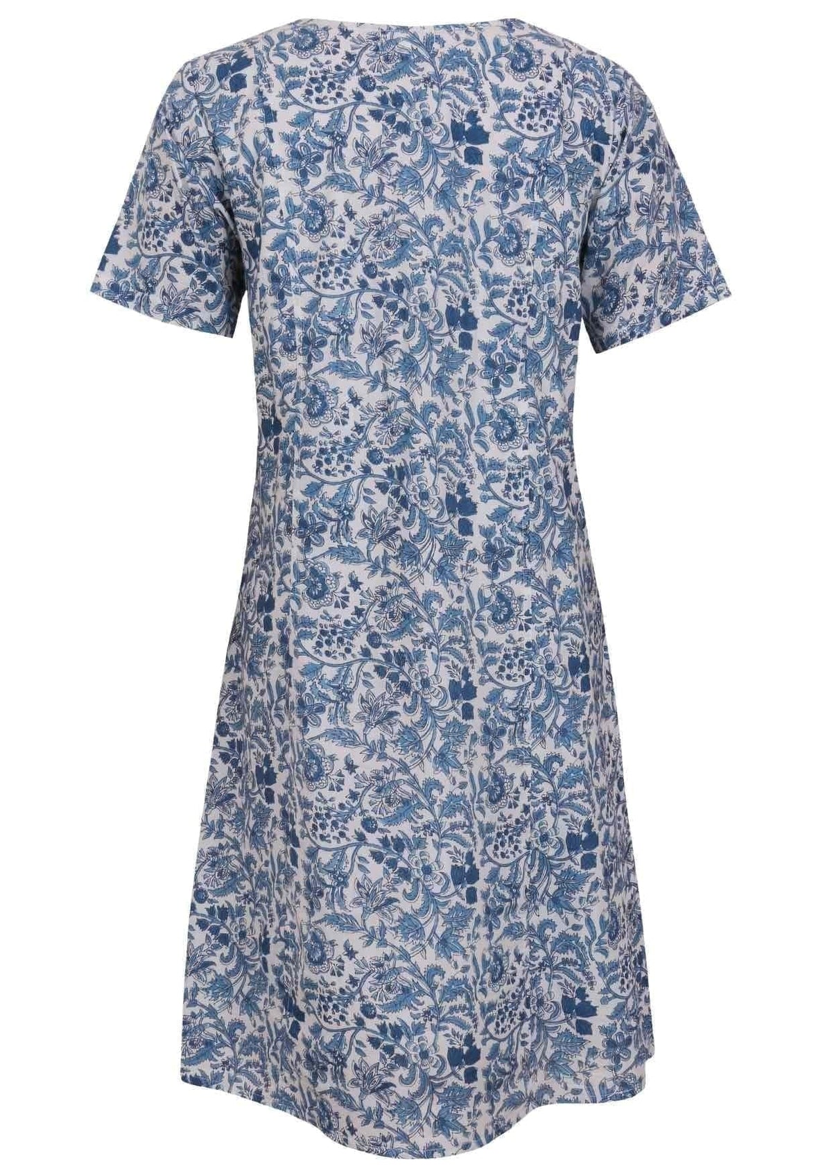 Back view of cotton dress with round neckline in white based blue floral print. 