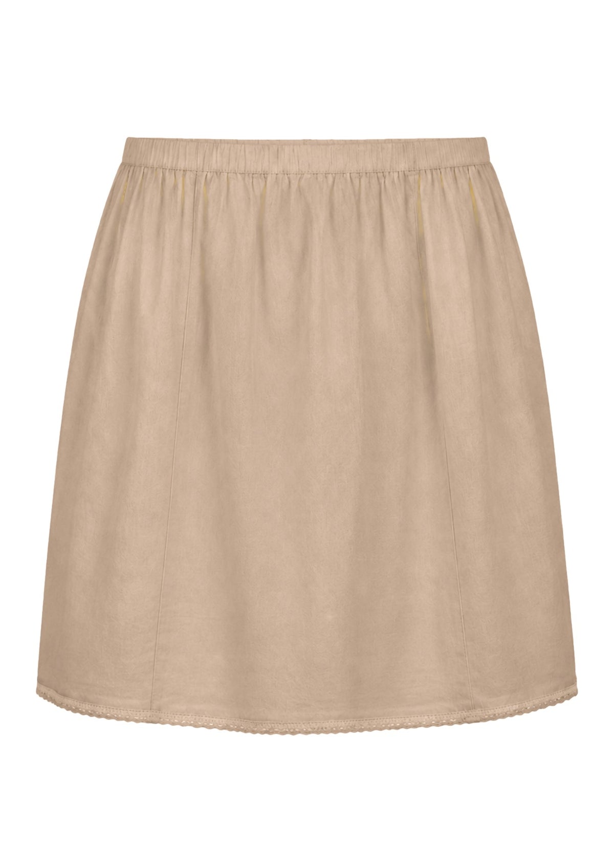 Nude toned slight A-line cotton slip skirt with elasticated waist and picot trim on hem, front view
