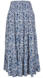 Floral patterned cotton skirt on a white base blue floral print with elasticised waistband.