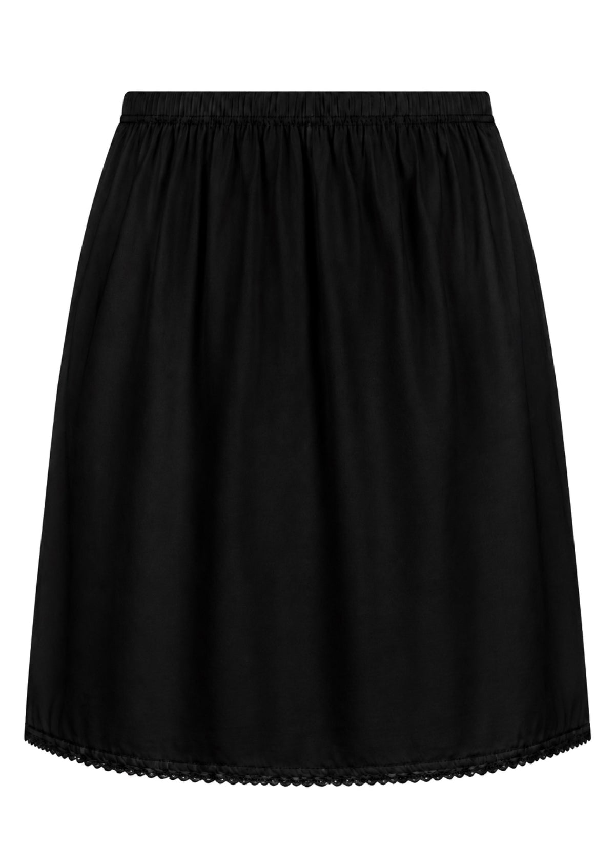 Black slight A-line cotton slip skirt with elasticated waist and picot trim on hem, front view