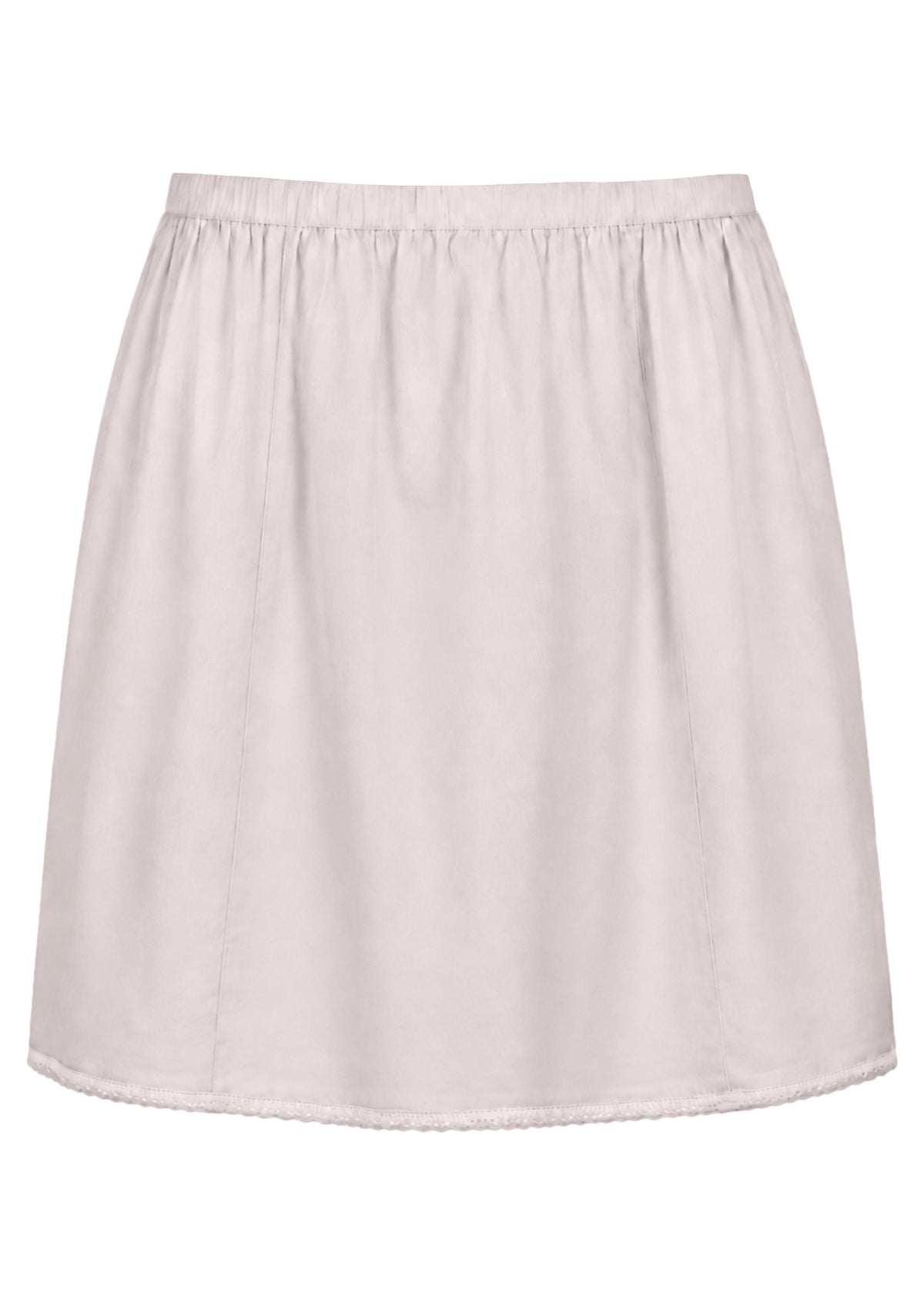 White slight A-line cotton slip skirt with elasticated waist and picot trim on hem, front view