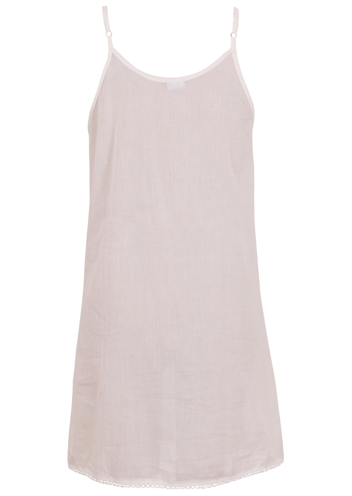 White cotton slip dress with thin adjustable spaghetti straps and a V-neckline, back view