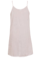 White cotton slip dress with thin adjustable spaghetti straps and a V-neckline, back view