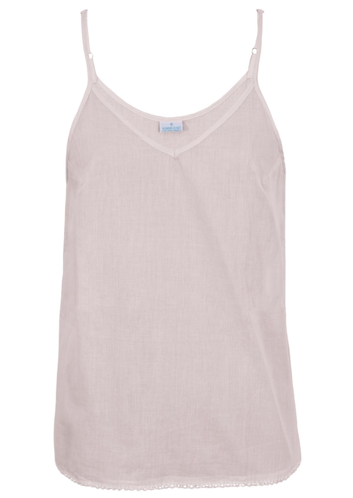 White cotton camisole top with adjustable spaghetti straps, a V-neckline and picot trim, front view