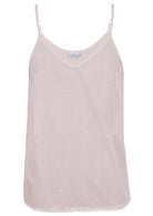 White cotton camisole top with adjustable spaghetti straps, a V-neckline and picot trim, front view