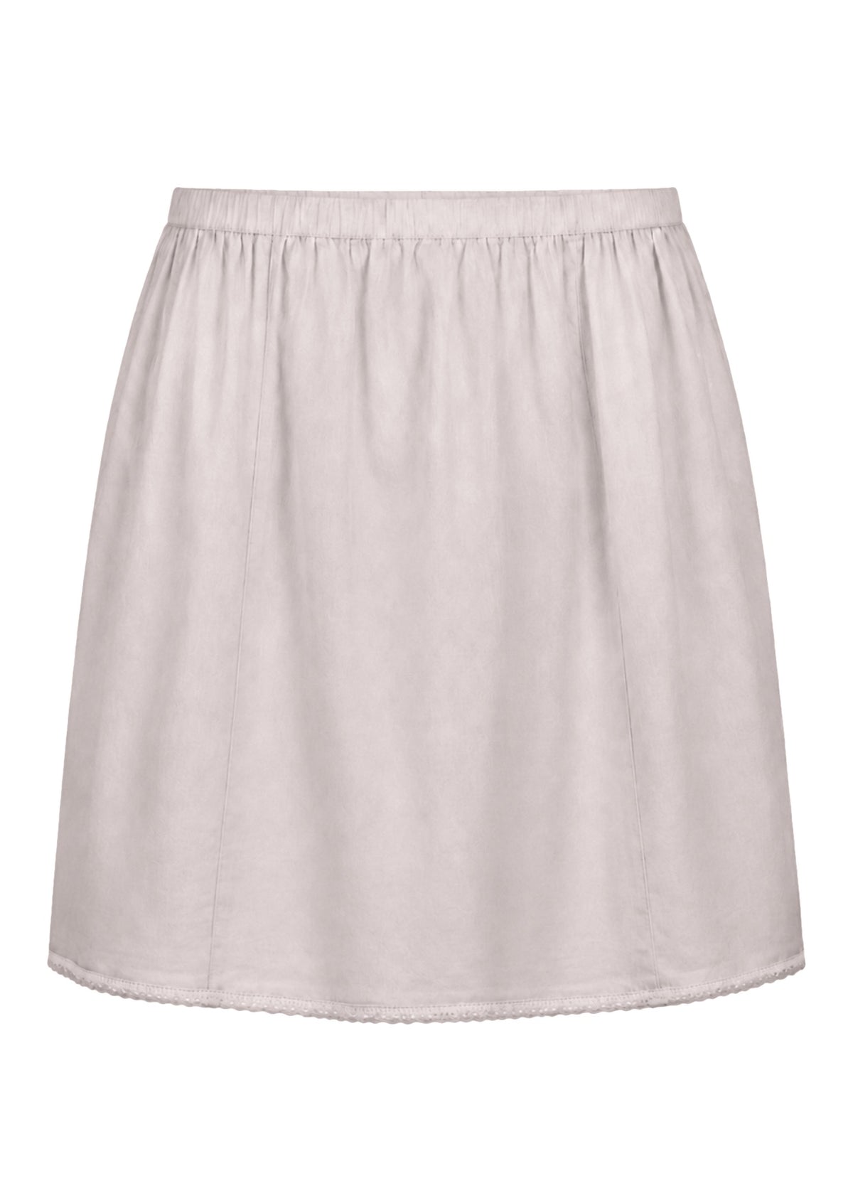White slight A-line cotton slip skirt with elasticated waist and picot trim on hem, back view