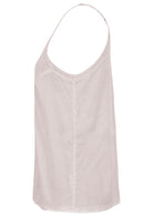 White cotton camisole top with adjustable spaghetti straps, a V-neckline and picot trim, side view