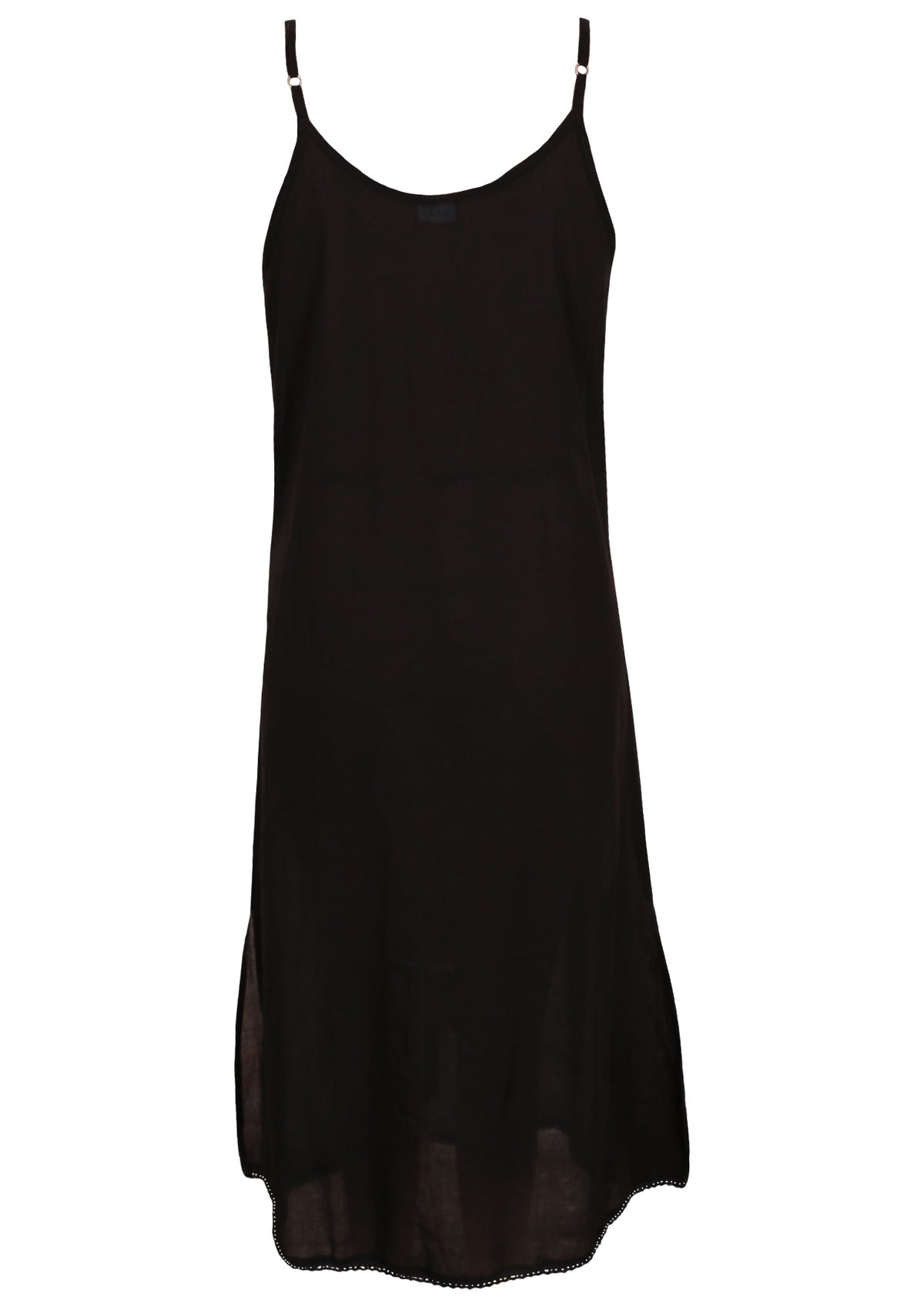 Black cotton voile slip dress with adjustable spaghetti straps, V-neckline, side splits and a picot trim hem, back view