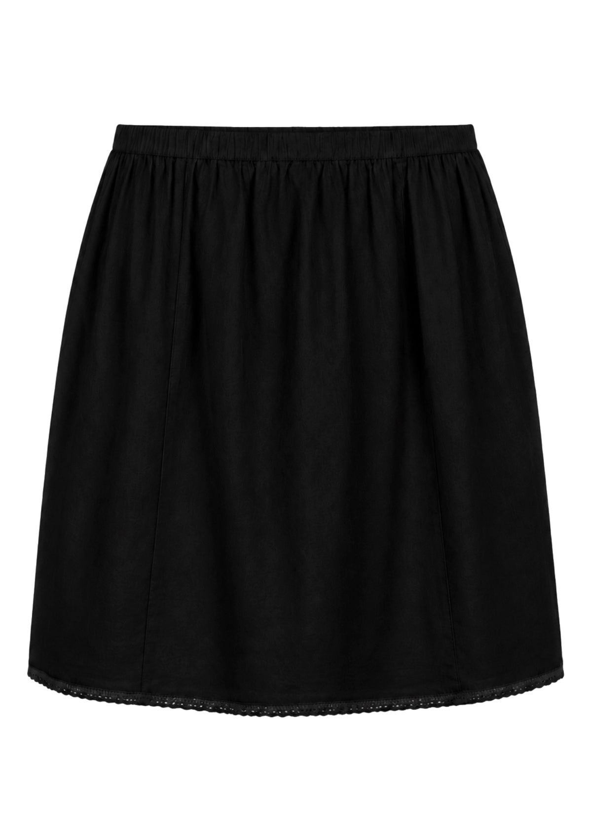 Black slight A-line cotton slip skirt with elasticated waist and picot trim on hem, back view