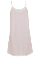 White cotton slip dress with thin adjustable spaghetti straps and a V-neckline, front view