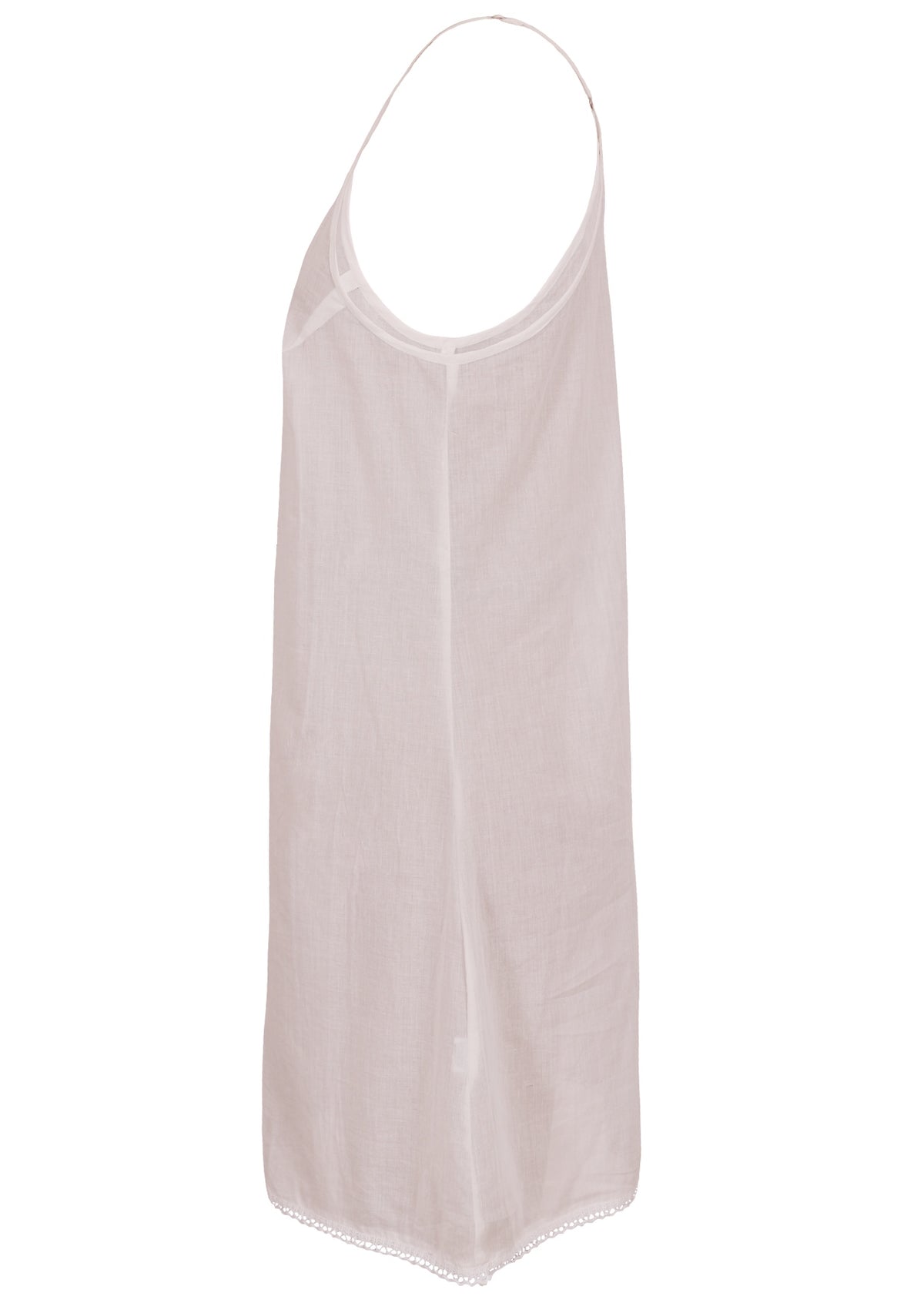 White cotton slip dress with thin adjustable spaghetti straps and a V-neckline, side view