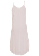 White cotton voile slip dress with adjustable spaghetti straps, V-neckline, side splits and a picot trim hem, back view