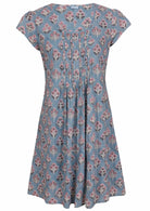 Front mannequin photo of cotton above knee dress in blue based floral print.