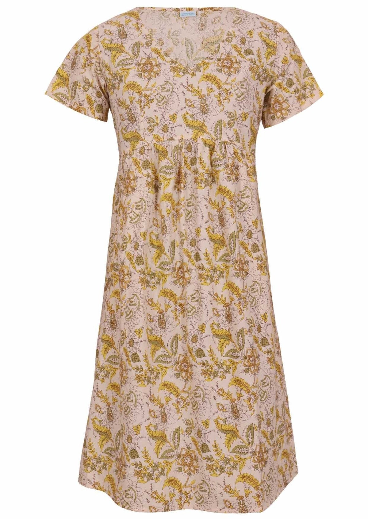 100% cotton, short sleeve dress with V neckline in cream based floral print ghost mannequin image front view
