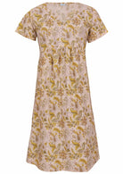 100% cotton, short sleeve dress with V neckline in cream based floral print ghost mannequin image front view
