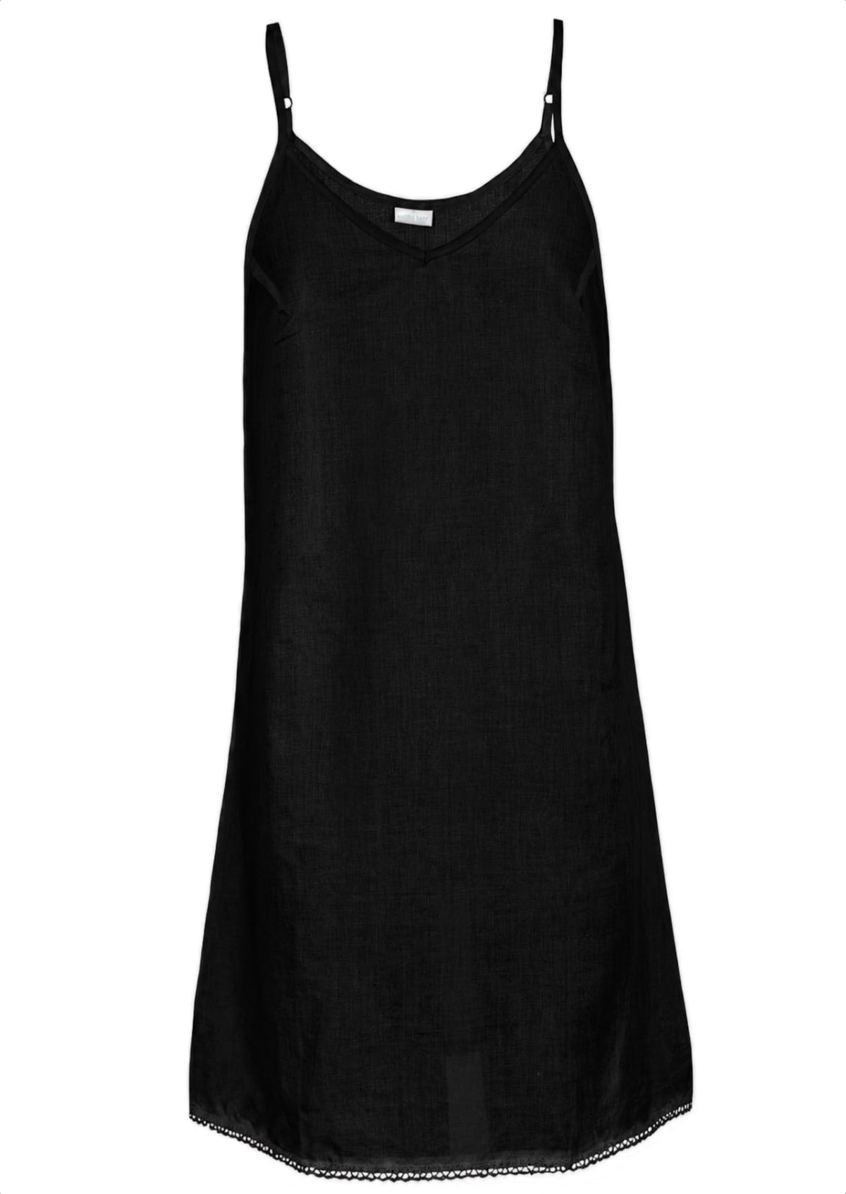 Black cotton slip  with adjustable straps and lace-trimmed hem, flat lay on white background