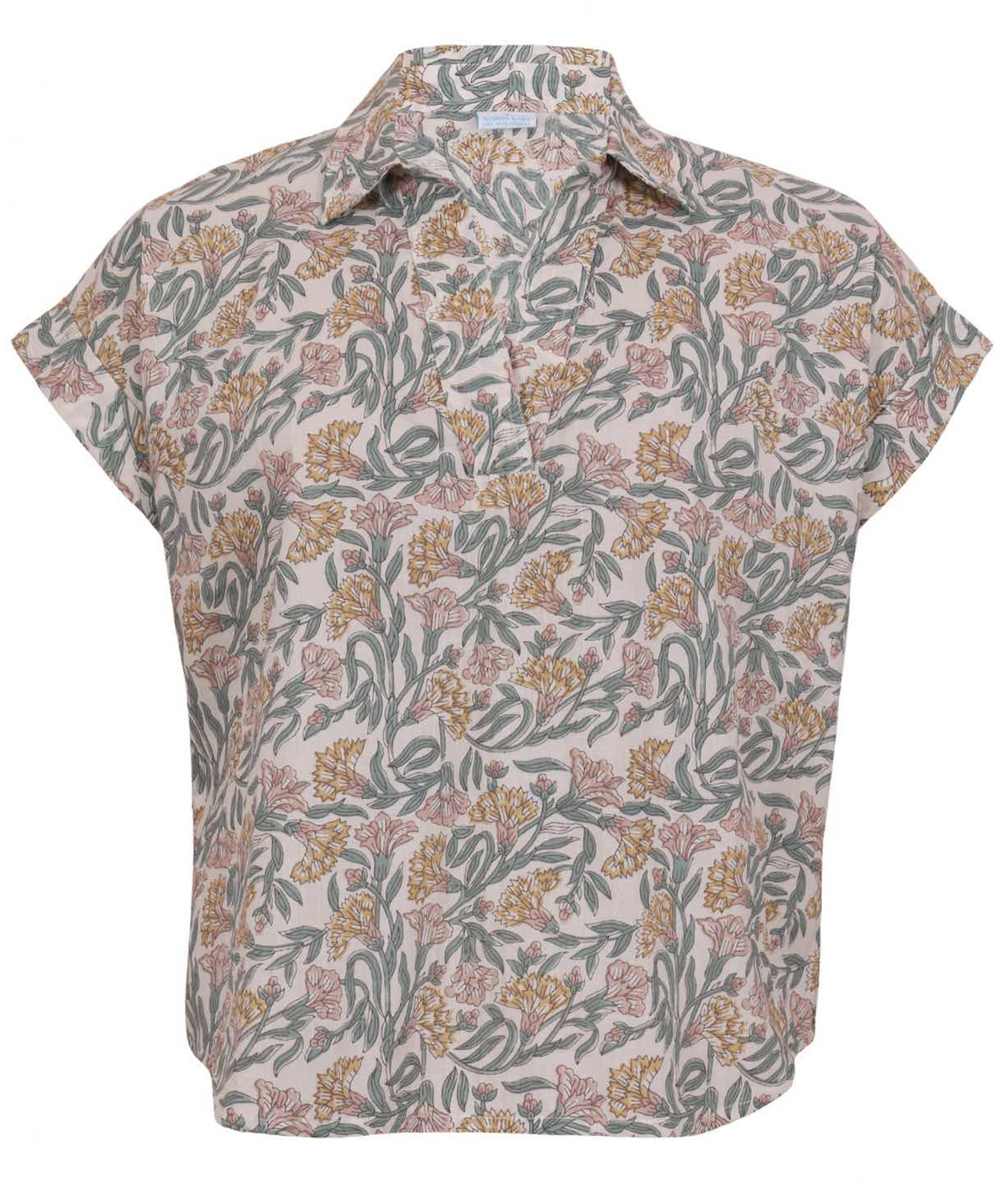 100% cotton floral printed relaxed fit cotton top with collar and short folded cuff sleeves