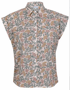White based floral print cotton shirt on a mannequin against a white background