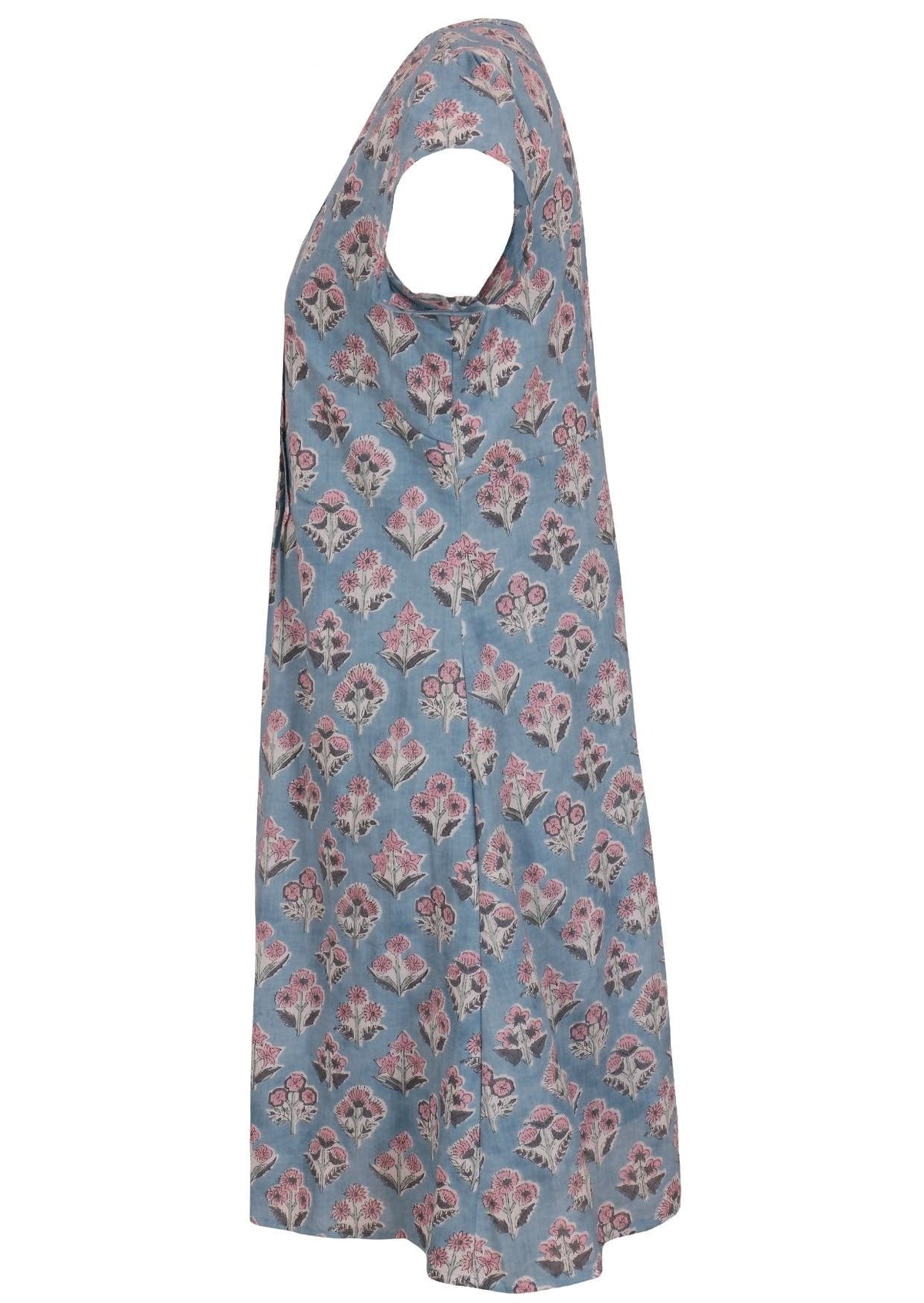 Side mannequin photo of cotton above knee dress with cap sleeves. 