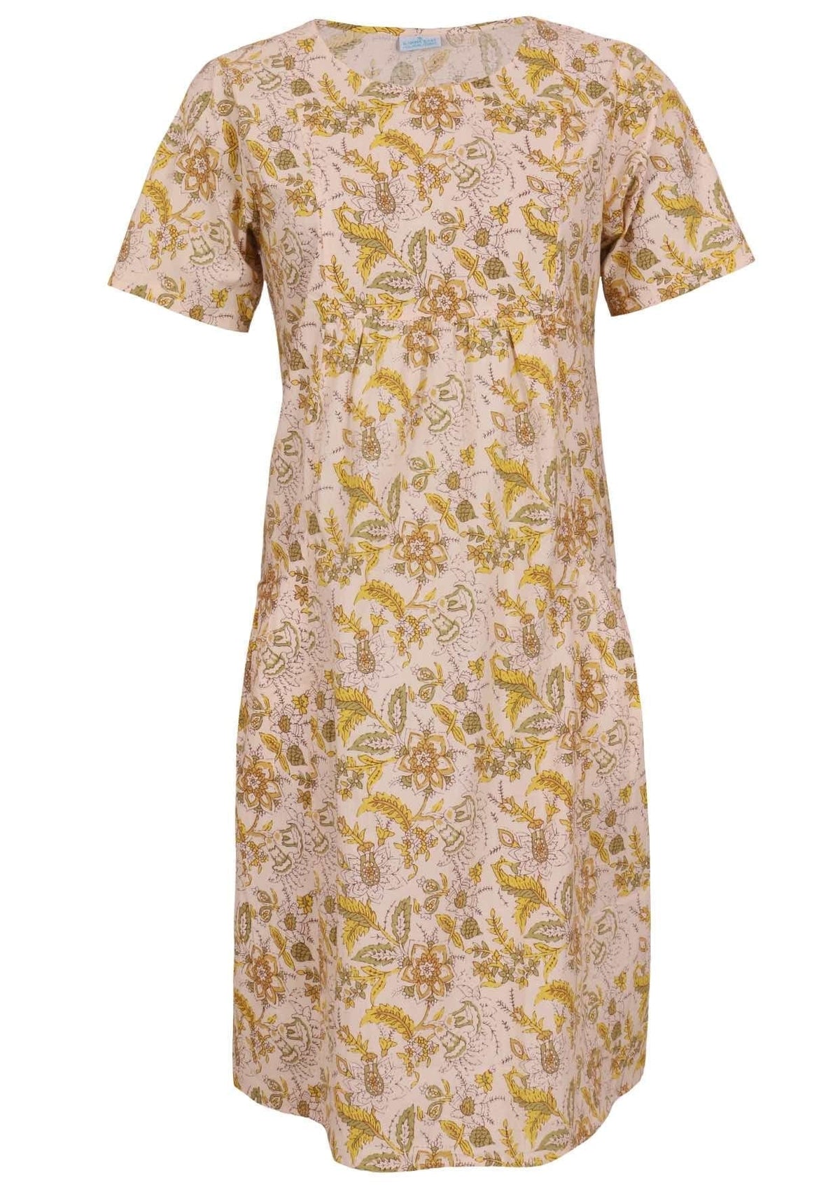 Front view of cotton dress with round neckline in cream based floral print