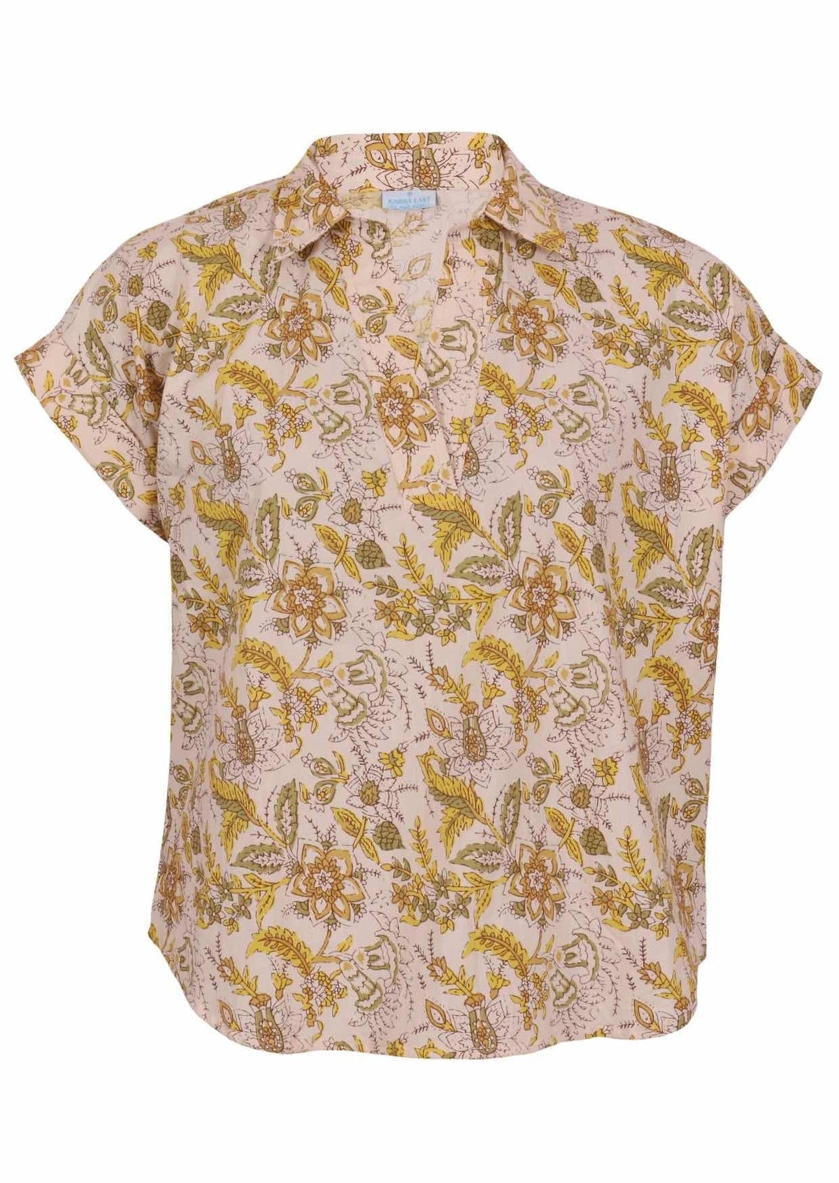 100% cotton floral printed relaxed fit cotton top with collar and short folded cuff sleeves