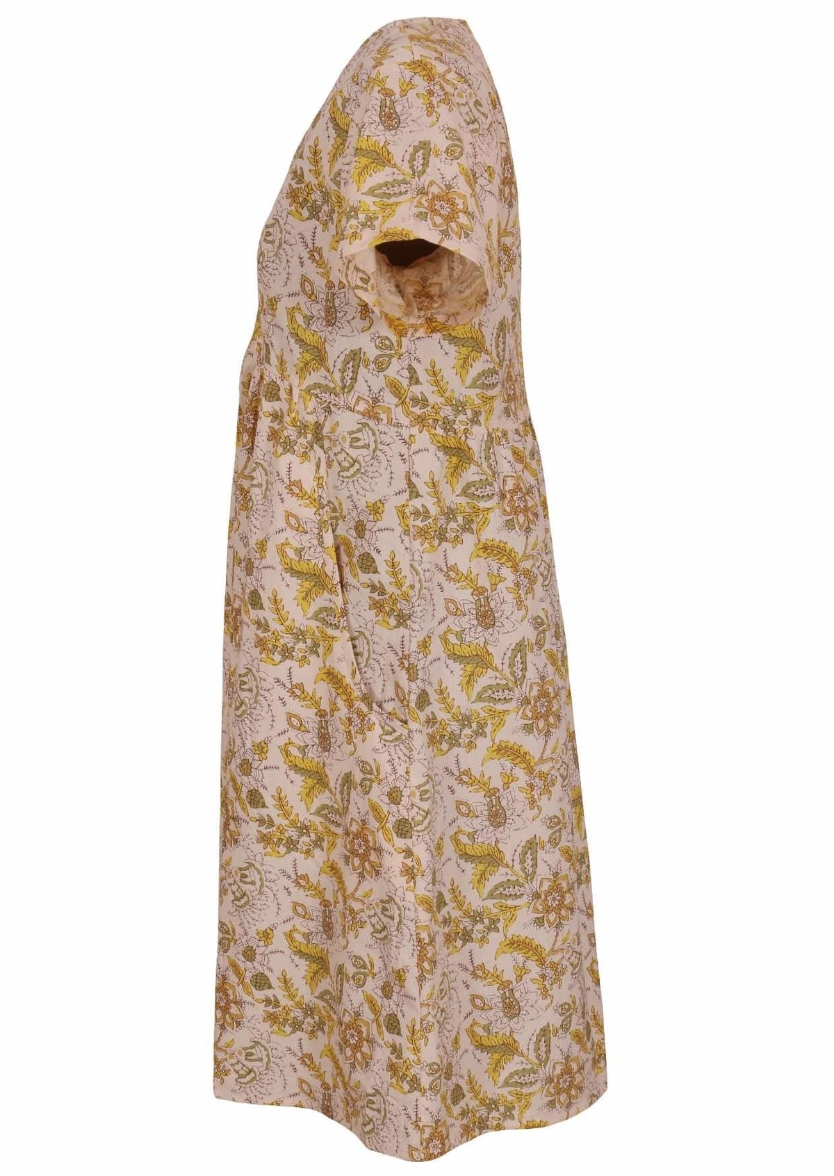 Side image pure cotton cream short sleeved dress with pockets and V neckline ghost mannequin image