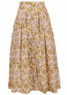 100% cotton knee length button through skirt with box pleats and belt loops in cream based floral print