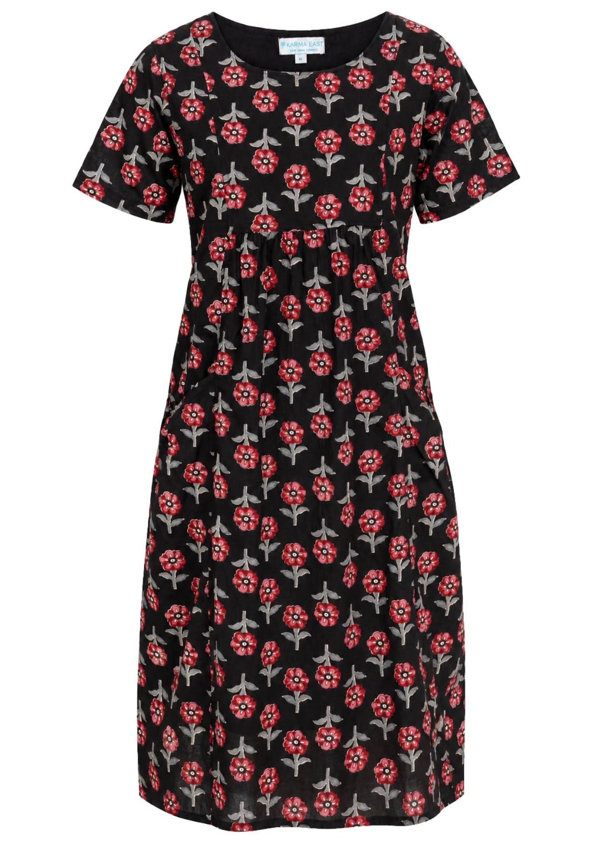 Front view of cotton dress with round neckline in black based floral print