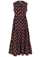 Black sleeveless tiered maxi dress with red folklore floral print, front view