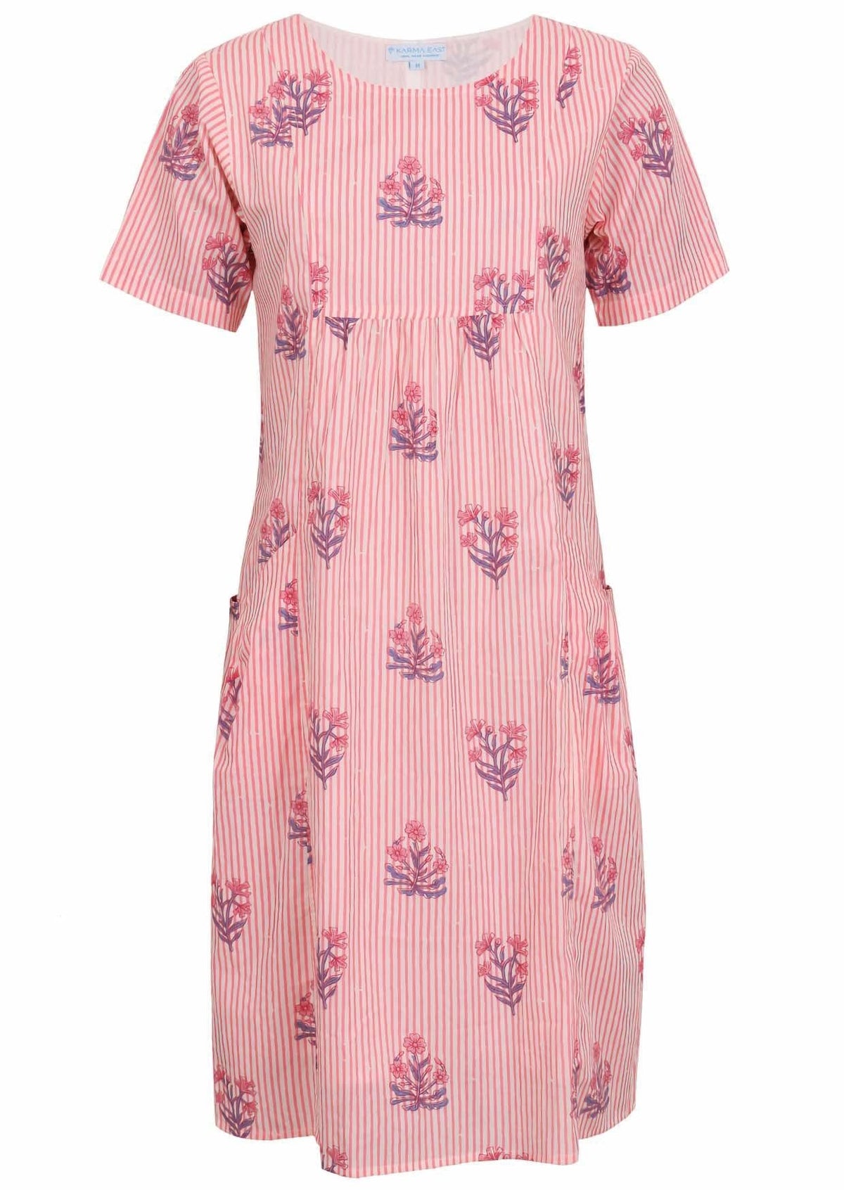 Front view of cotton dress with round neckline in pink striped white based floral print