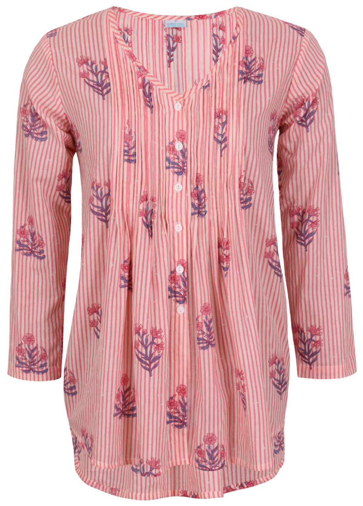 Pink striped white based floral print cotton button through shirt with pin tucks across the bodice and a V-neckline