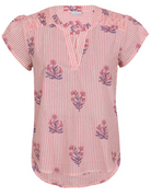 Pink striped floral print cotton top with V-neckline on a white background.