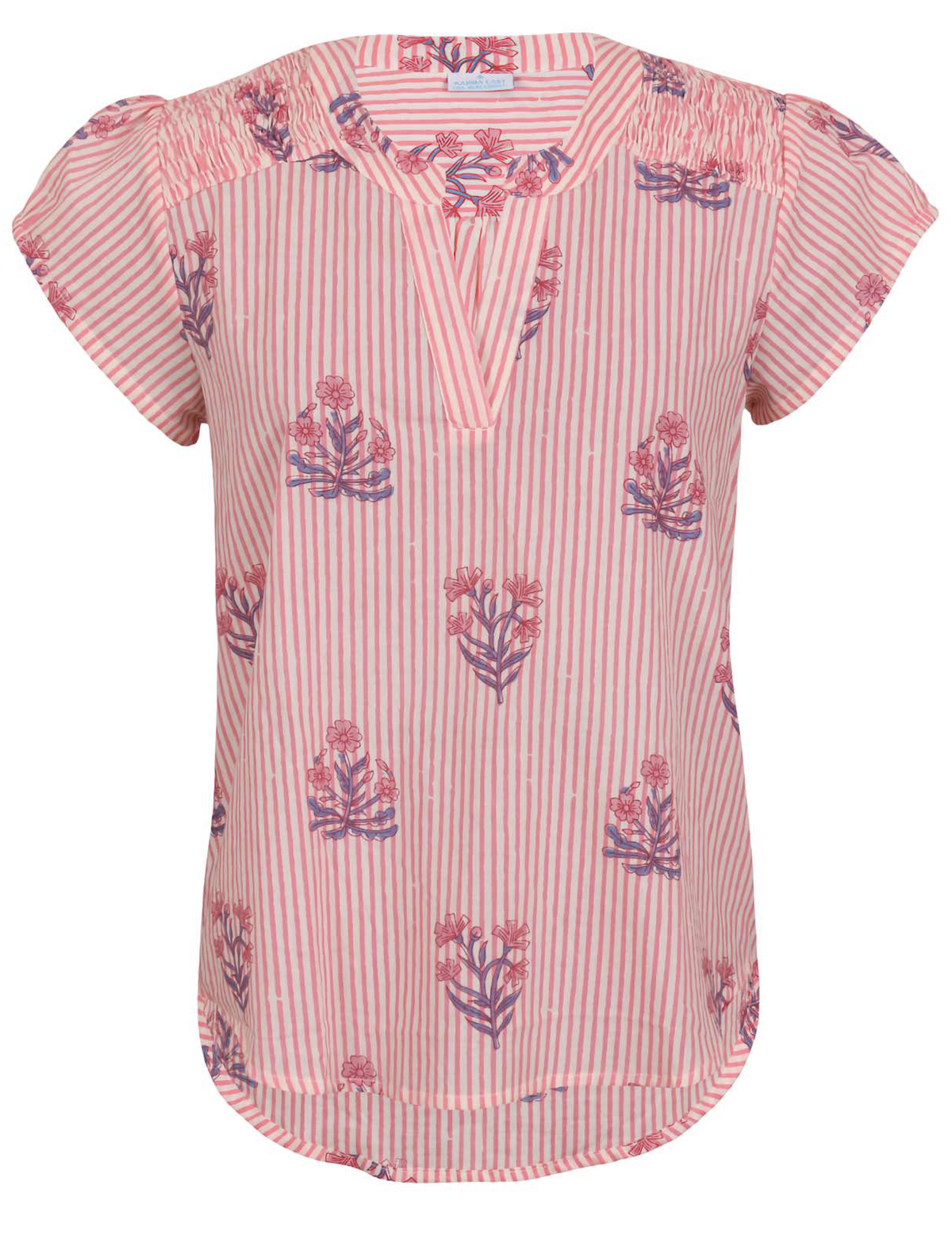 Pink striped floral print cotton top with V-neckline on a white background.