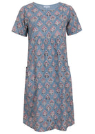 Front view of cotton dress with round neckline in blue based floral print