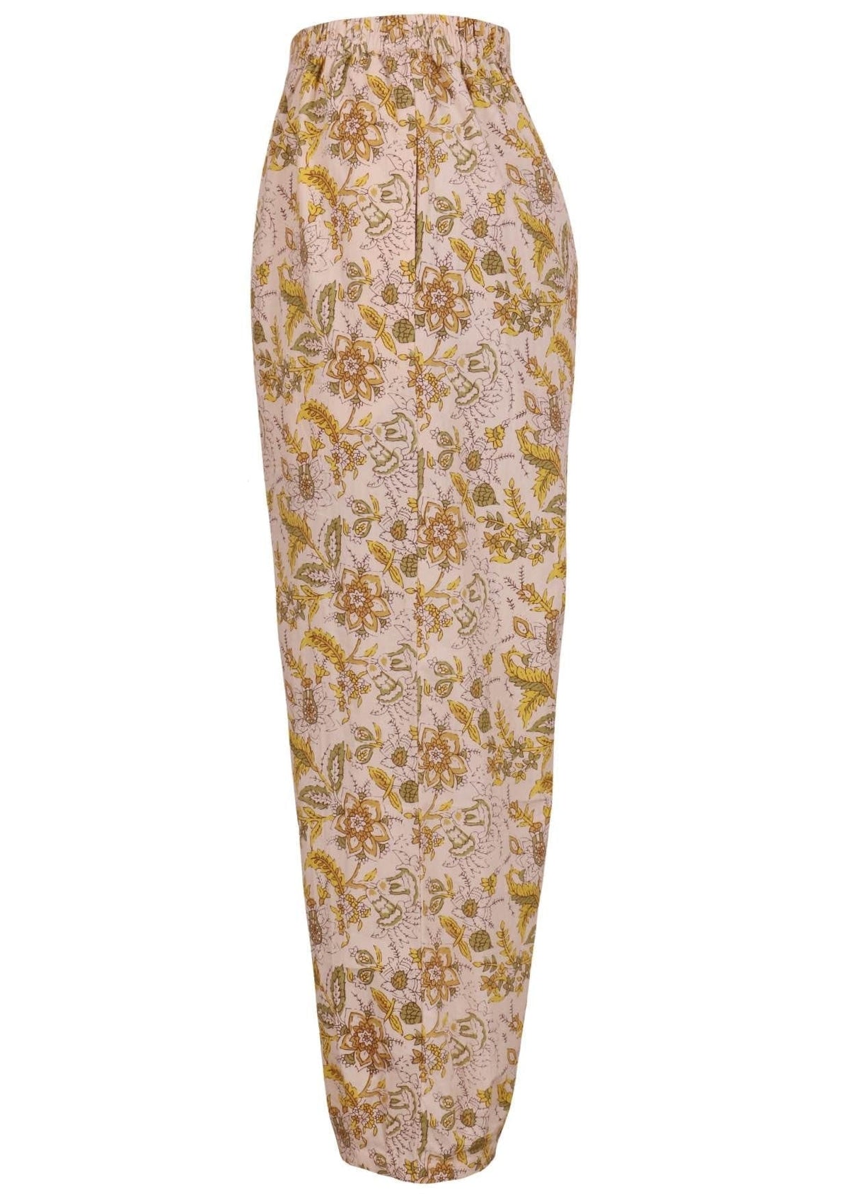 Side view of floral print wide leg cotton pants with pleated ankles, high elastic waist and pockets