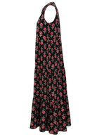 Black sleeveless tiered maxi dress with red floral print, ghost mannequin side view.