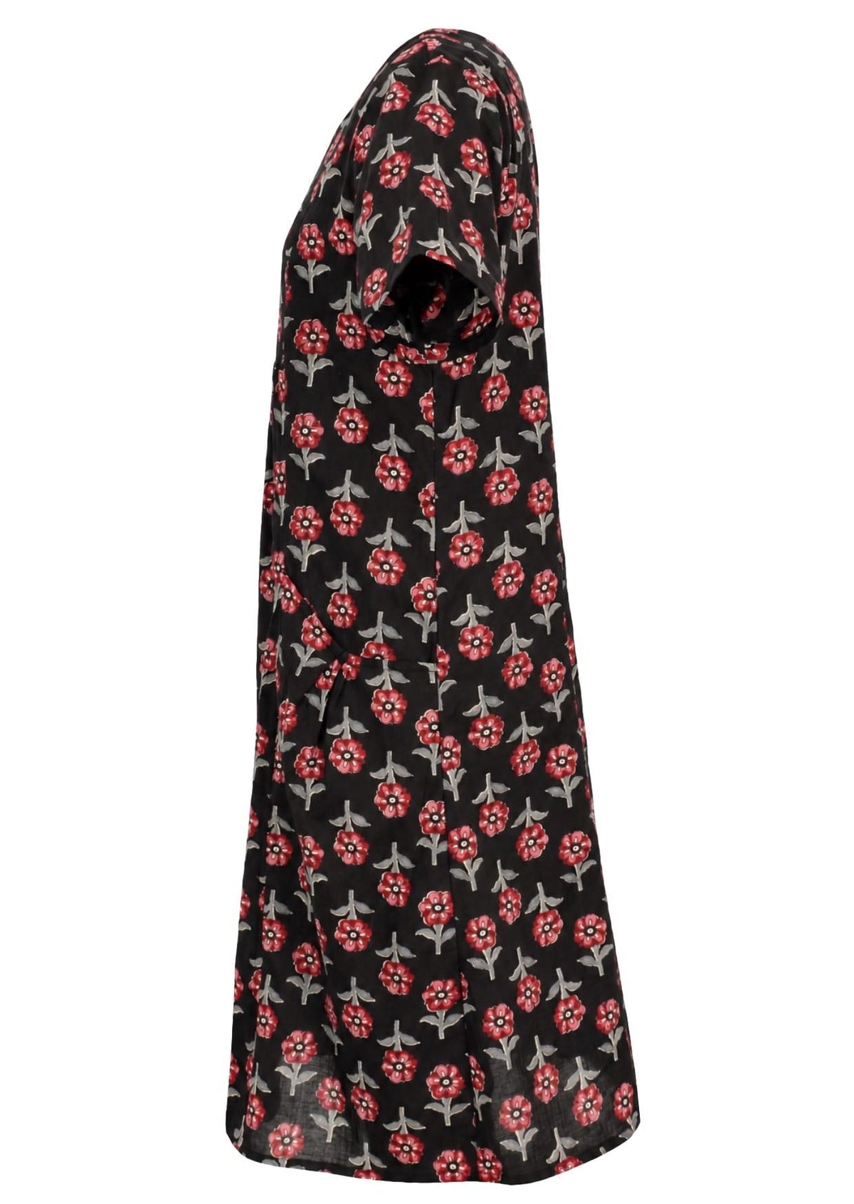 Side view of cotton dress with round neckline and short sleeves in black based floral print. 
