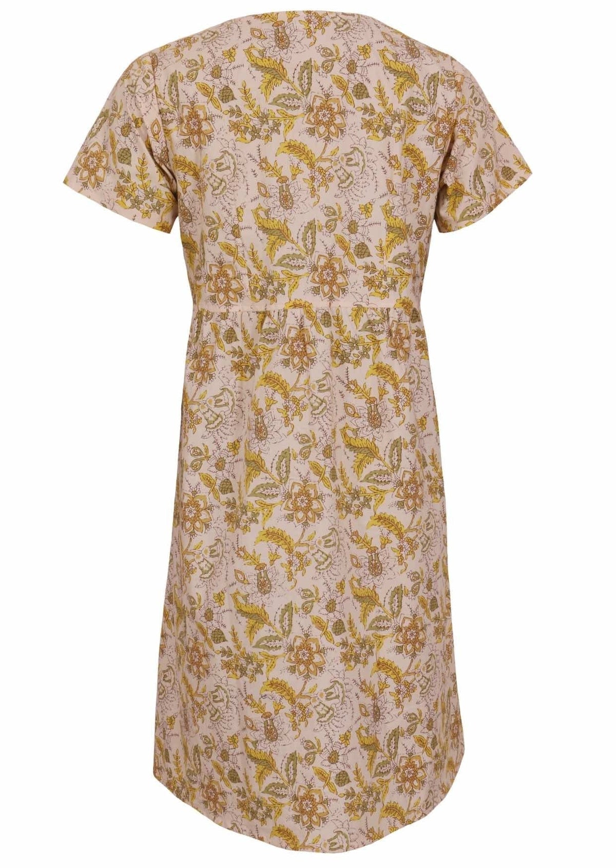 ghost mannequin back image of relaxed fit, 100% cotton dress in cream based floral print.