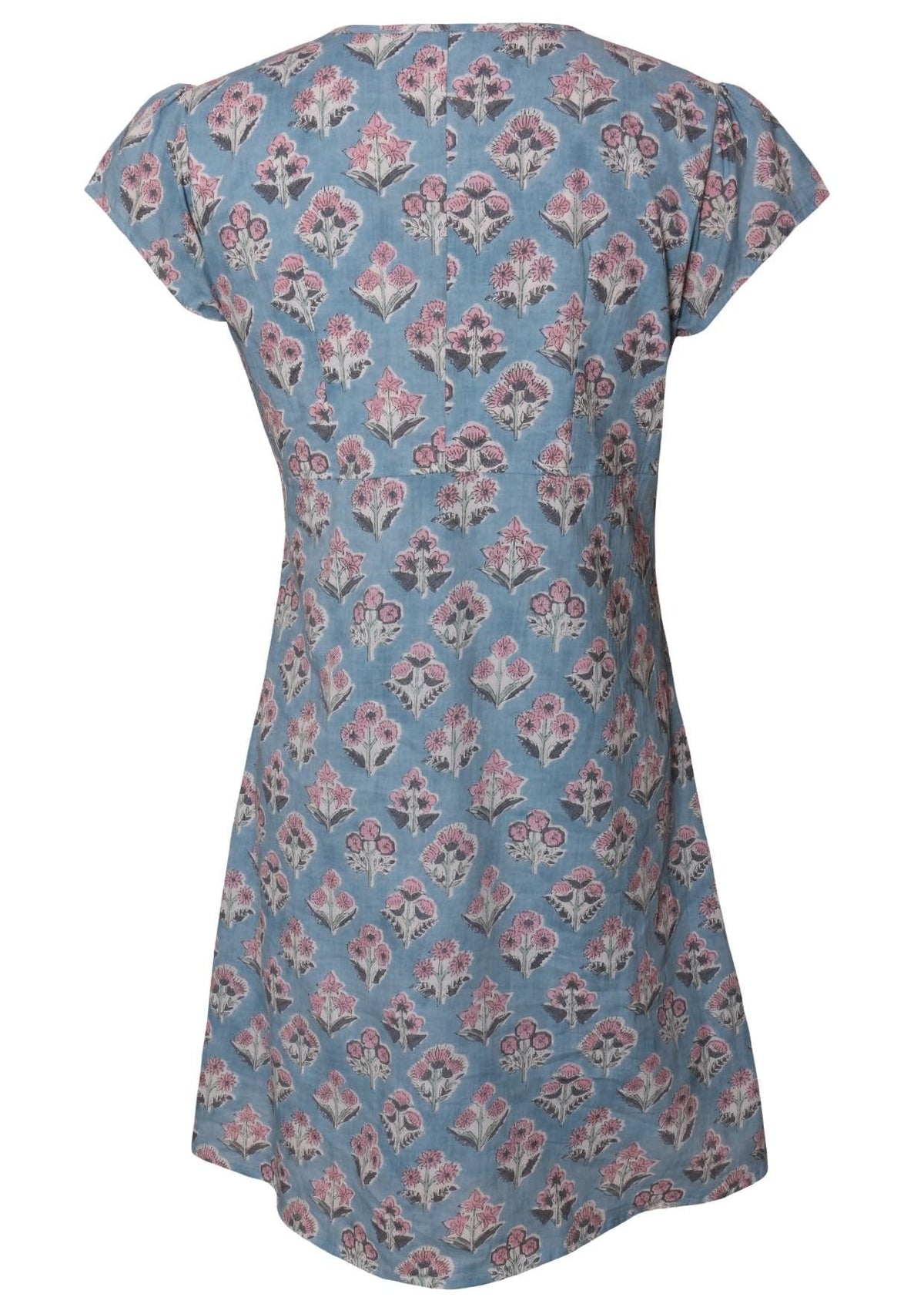 Back mannequin photo of cotton above knee dress in blue based floral print. 