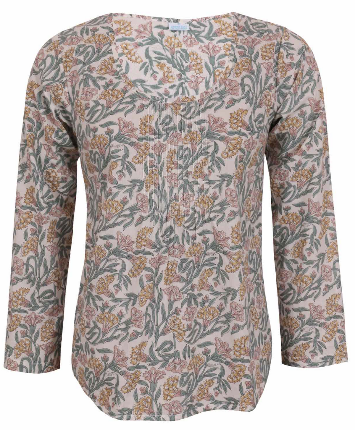 Lightweight 100% cotton top showcasing a simple round neckline, long sleeves and pleats across the bodice.