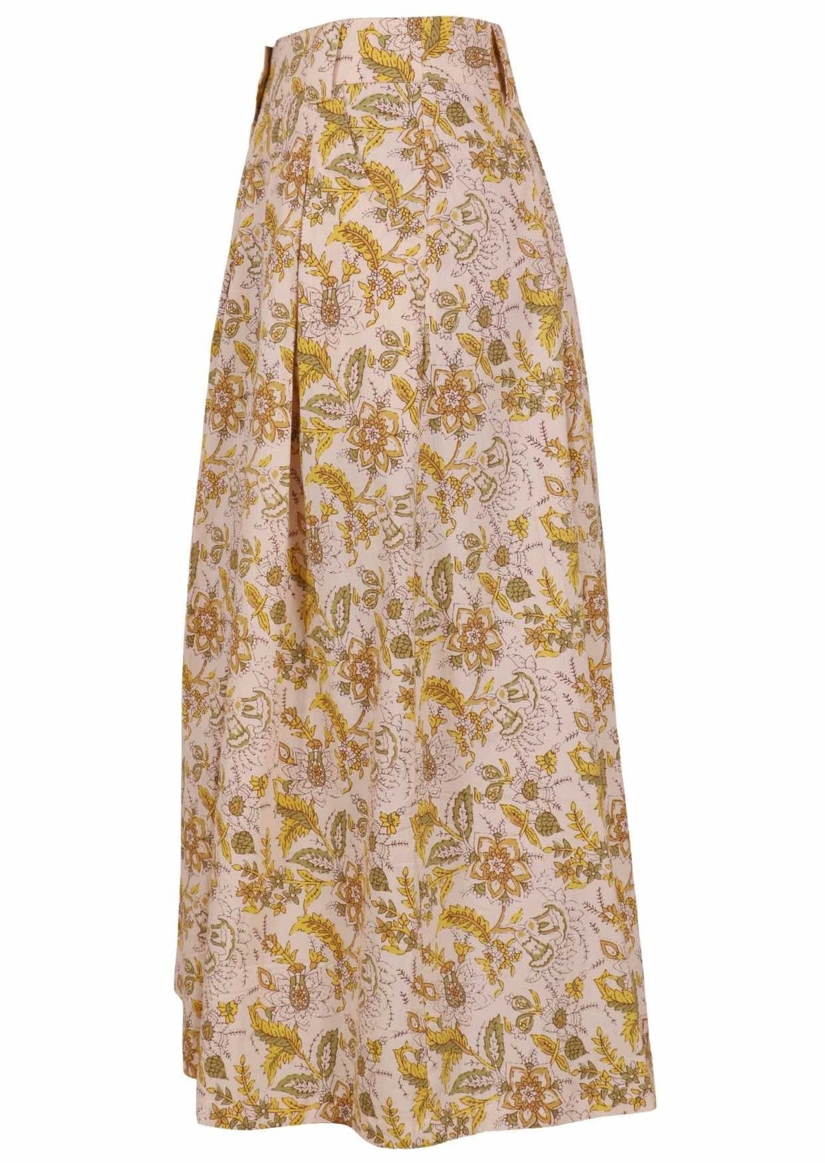 Knee length button cotton skirt with box pleats, pockets and belt loops