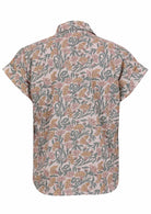 Lightweight 100% cotton top in white based floral print with V neckline, collar and short folded sleeves