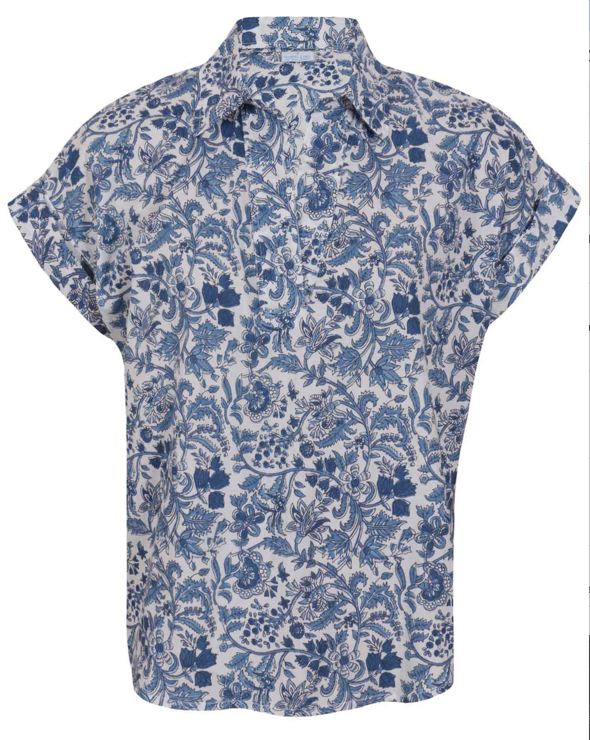 100% cotton floral printed relaxed fit cotton top with collar and short folded cuff sleeves