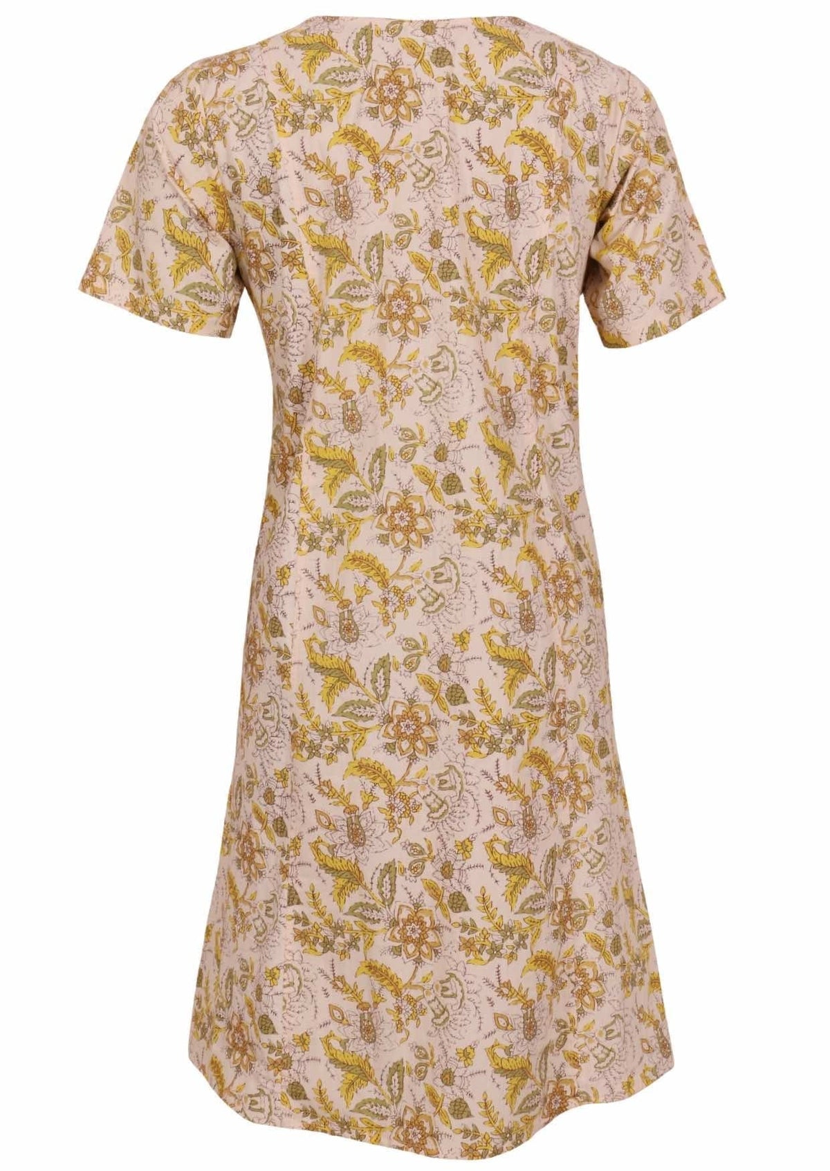 Back view of cotton dress with round neckline in cream based floral print. 