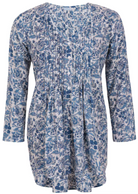 White based blue floral print cotton button through shirt with pin tucks across the bodice and a V-neckline